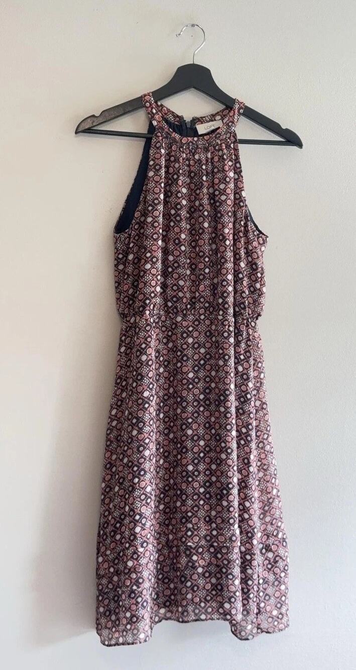 LOFT Dress Womens 6 Blue Geometric Halter Midi Lined Waist Sundress Summer
